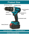 Heavy Duty Cordless Drill And Power Screwdriver Kit With Two 1500 Mah Packs, features brushless motor and comfortable handle.