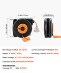 Heavy Duty 30 Ft Retractable Extension Cord Reel With Automatic Rewind And Triple Grounded Sockets Badass 16 Awg Cable side view with dimensions