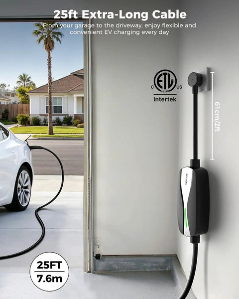 Portable Level 1 And 2 Tesla Charger With ETL Certification, NACS EV Charging Cable, 12A And 16A Wall Connector, 25ft extra-long cable outlet setup.