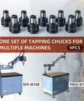 Versatile ANSI Tapping Collets Set For M16 Electric Tapping Machine With Nine Adapters in packaging with tapping machines shown