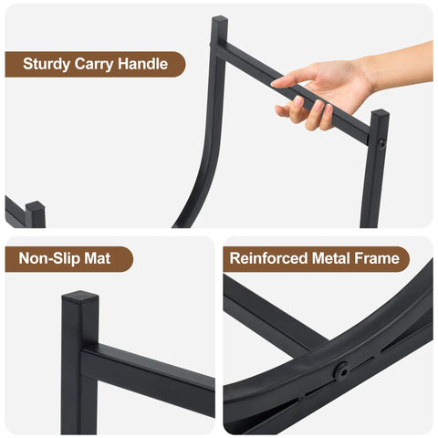 Detailed view of 17 Inch Heavy Duty Firewood Rack Holder For Indoor And Outdoor Use showing carry handle, non-slip mat, and metal frame.
