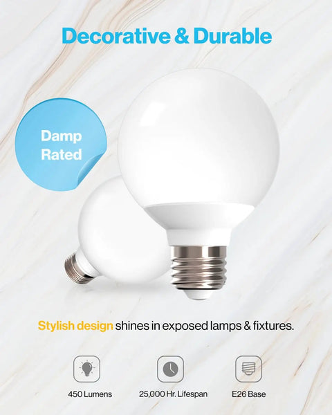 G25 LED Globe Light Bulb 10 Pack Dimmable E26 Base 6W 450 Lumen 5000K Daylight Vanity Mirror Bath Lighting UL Listed