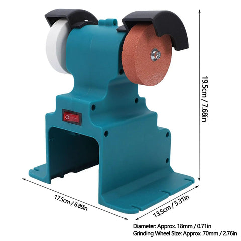 Heavy Duty Mini Bench Grinder And Buffer Polisher Featuring Secure Six Hole Mounting Base For 18V Battery Powered Workshop Rigs, 195 x 135 x 175 mm.