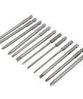Rock Solid 12Pcs Screwdriver Bit Set With Slot And Cross Bits Made From Tough Alloy Steel S2 For Electric Drill Or Manual Tool Use On Heavy Duty Tasks With Stable Grip And Long Lasting Durability, 12 S2 steel bits laid out on white