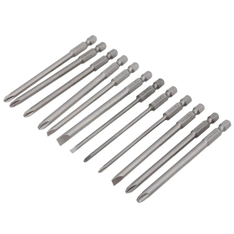 Rock Solid 12Pcs Screwdriver Bit Set With Slot And Cross Bits Made From Tough Alloy Steel S2 For Electric Drill Or Manual Tool Use On Heavy Duty Tasks With Stable Grip And Long Lasting Durability, 12 S2 steel bits laid out on white