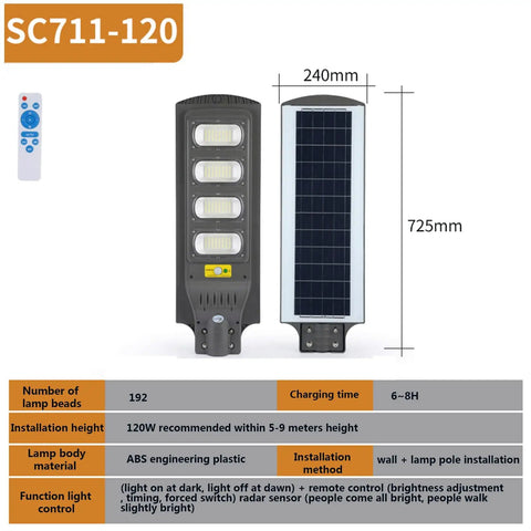 Heavy Hitting 120W Solar Floodlight With Twin Motion Sensors And Dusk To Dawn Auto Lighting, Includes Handy Remote, No Sweat Install. Side view showing size and solar panel.