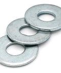 Heavy Duty Zinc Plated Flat Washers Us Spec 2 5/8 Inch Central Opening Over 5 Inch Outer Edge Point Two Four Five Thick Steel Pack Of One Hundred displayed in a stack.