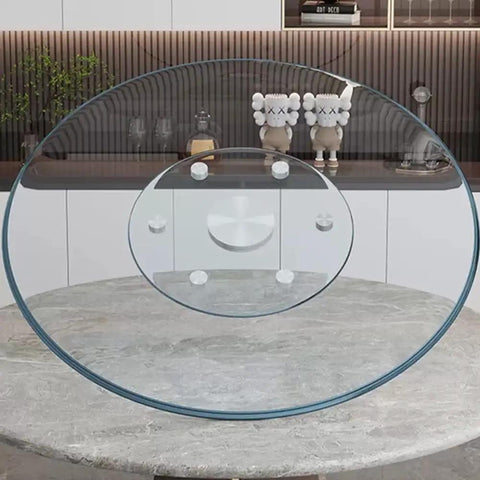 Smooth Spinning 36 Inch Glass Lazy Susan Round Rotating Turntable For Dining Tables Featuring Anti Skid Base And Heavy Duty Tempered Glass on a kitchen countertop.