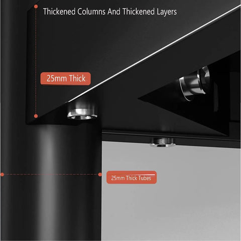 Close-up of the thickened columns and layers with 25mm tubes on the Five Tier Carbon Steel Storage Rack With Smooth Rolling Wheels Heavy Duty Metal Shelving Unit Extra Thick Frame Roomy Organizer For Home Office Pantry Entryway Black.