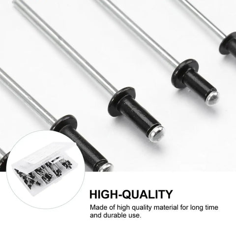 Close-up of Aluminum Blind Rivets Kit 120 Piece Set In Black With M2.4 M3.2 M4 Sizes showing smooth finish and standard head.