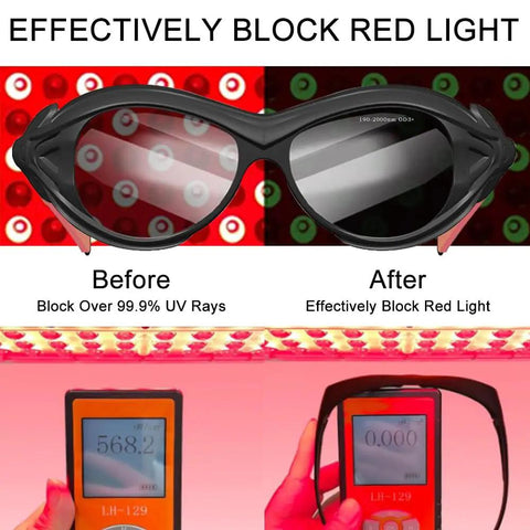 Heavy Duty Red Light Therapy Glasses Featuring Hella Solid Laser Protective Coating And Broad Spectrum Tanning Goggle Eye Defense for reliable hair removal, showcased in before and after comparison.