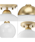 Carisa Collection 7 3/8 Inch One Light Flush Mount with vintage gold finish and glass globe, showing four angles of fixture details.