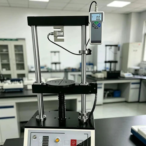 Heavy Duty Digital Force Gauge Featuring Bulletproof S Type Sensor And Quick Tap Peak Hold Mode For Straight Ahead Push Pull Testing Up To 1000 Newtons On Any Job Site Bench in lab setting.