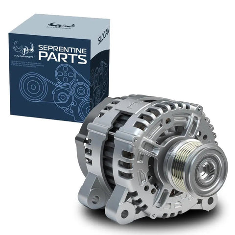 OEM Style Replacement Alternator For 2014 To 2017 Mazda 6 2.5 L4 Engine with galvanizing, silver casing and mounting brackets.