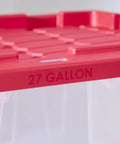 Kickass Clear Plastic Storage Bins Pair 27 Gallon Stackable Totes With Red Snap On Lids And Built In Handles showing red lid detail.