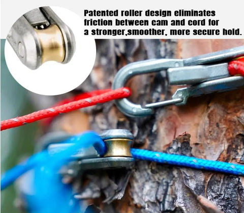 Close-up view of 6 Pack Rope With Roller Tensioner For Quick Tarp Setup And Outdoor Tie Downs on tree trunk