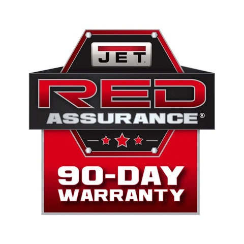 JET RED Assurance 90-Day Warranty badge in red and black with stars.