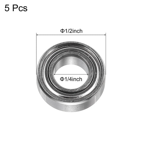 Rock Solid Stainless Steel Ball Bearings Five Pack Dual Sealed SR188ZZ showing 1/4 inch bore and 1/2 inch outer diameter.