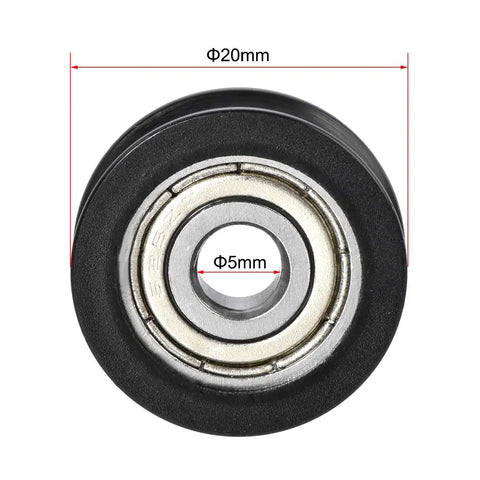 Top view of Badass U Groove Ball Bearing 5mm Double Shielded Chromium Steel V Track Roller, 20mm diameter, for light industrial motors.