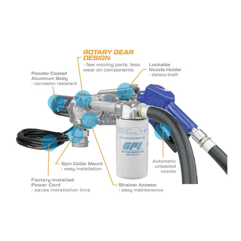 No Sweat Fuel Transfer Pump With Automatic Shut Off Nozzle And Premium Filter Kit, close-up view showing rotary gear design and filter.