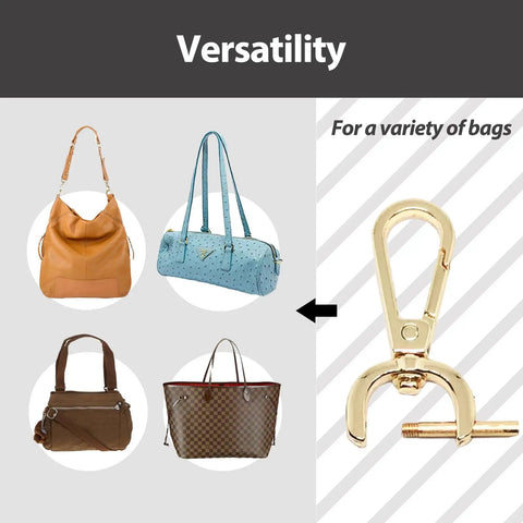 Gold zinc alloy snap hook next to various bags with label 'Versatility' for Two Pack Snap Hook Swivel Clasp Set One Half Inch Detachable Carabiner Hooks With Screwdriver Tool D Ring Keychain Clips Bag Strap Hardware For Purses Crossbody Bags Key Fobs And Pet Collars