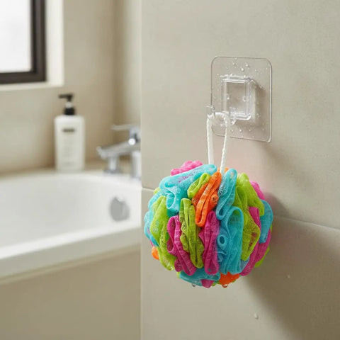 Sick Wall Mount Hooks, Totally Rust Proof Storage Rack For Coats, Bags, And Picture Hanging, Rad Home Organization Gear with colorful loofah