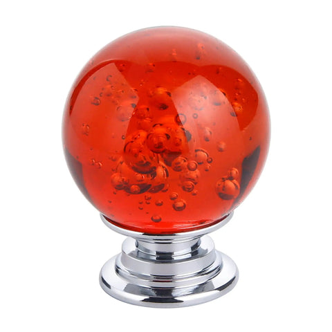 Ten Pack Of Slick Red Crystal Glass Bubble Cabinet Knobs Round Drawer Pulls And Dresser Handles For Kitchen Cupboards With Zero Hassle Mounting Hardware 30 mm Size. Red bubble crystal knob on chrome base.