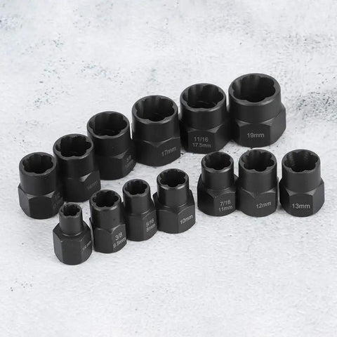 Heavy Duty Extractor Socket Tool Kit For Stubborn Bolt And Nut Removal Featuring Reverse Spiral Flutes and Ridiculous Grip Strength, 13-piece chrome vanadium sockets.