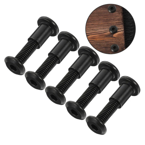 Top Shelf Five Piece Pack Of Black Stainless Steel Binding Screws And Nuts For Scrapbooks Photo Albums And Bookbinding With Countersunk Flat Head For No Sweat Setup on a wooden background.