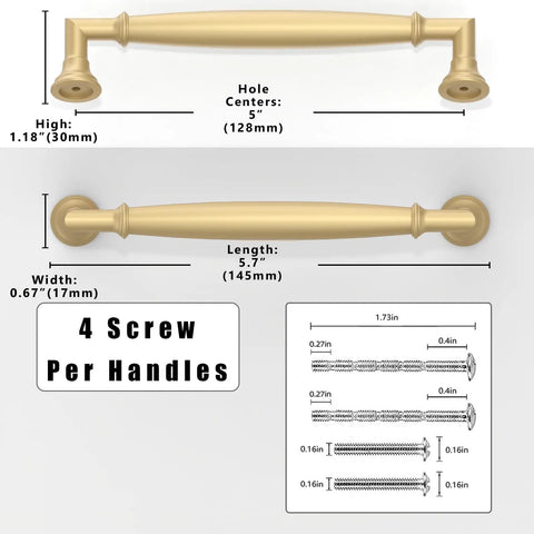 Straight Fire Brushed Gold Cabinet Pulls 10 Pack Set 5 Inch Center To Center Kitchen Drawer Handles dimensions and screws