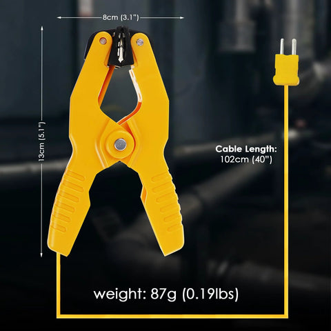 Yellow HVAC temperature clamp with K-type thermocouple lead and jaw clip, 102cm cable