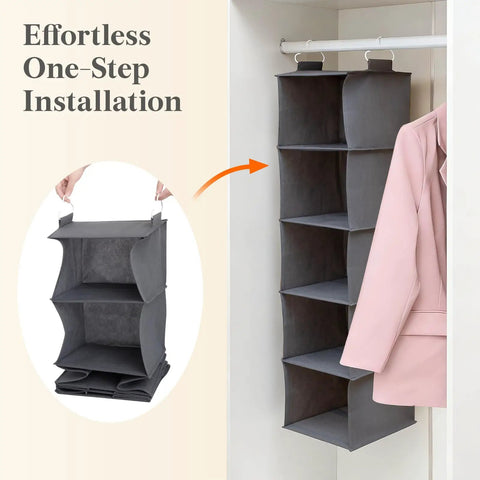 Big Time Heavy Duty Hanging Closet Rack With Five Roomy Compartments For Tees Jeans And Towels Dang Sturdy Beige Build 3 Pack in gray fabric.