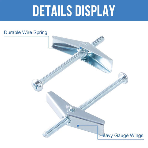 Close-up of Two Piece Design showcasing Three Sixteenth Inch By Five Inch Toggle Bolts Twelve Pieces For Drywall Heavy Duty Butterfly Anchors