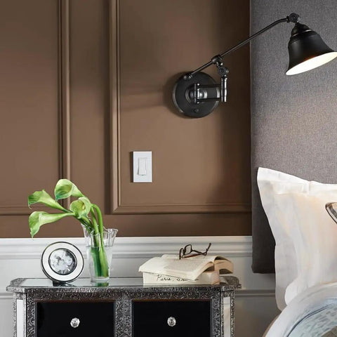 Killer Smooth Slide Dimmer Switch Antimicrobial Mold Resistant For Led And Bulbs Hassle Free Install Wall Plate on bedside wall with lamp.