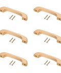 Set of six Wood Drawer Pull Handles 96mm Center Spacing Bridge Shaped Beech Wood Cabinet Knobs with screws for kitchen cabinets and furniture.