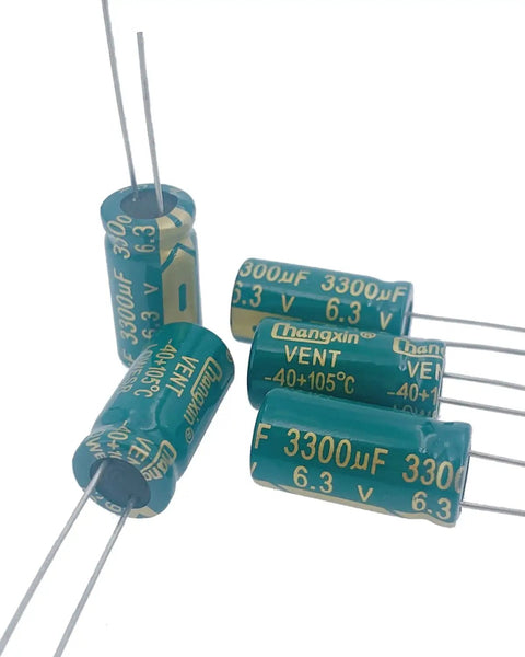 Built Tough Aluminum Electrolytic Capacitors 3300uf 6.3v 10x20mm 20 Pack high-performance components on white background.