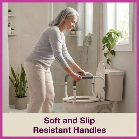 Built Tough Aluminum Toilet Safety Handle With Padded Adjustable Armrests For Seniors and Mobility Ease, woman using rail