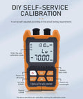 Hella Tough Portable Fiber Optic Power Meter And Tester With FC SC ST Ports Built In 2MW Visual Fault Locator features user-friendly calibration display.