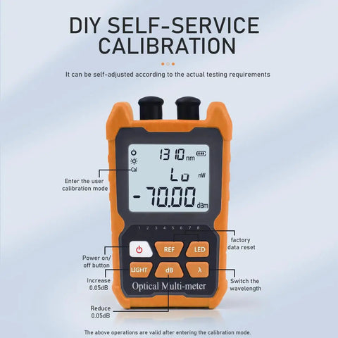 Hella Tough Portable Fiber Optic Power Meter And Tester With FC SC ST Ports Built In 2MW Visual Fault Locator features user-friendly calibration display.