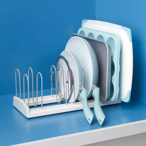 Adjustable Extra Wire Pan And Lid Rack Dividers Total Kitchen Game Changer Vertical storage with stacked pots, pans and lids.