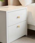 10 Pack Gold Cabinet Knobs Set Matte Gold Mushroom Round Brass Drawer Handles For Dresser And Kitchen Cabinets Dope Style Hardware Durable Zinc Alloy Quality Finish For Longevity on a two-drawer white nightstand