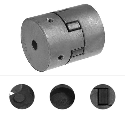 3 Piece L Jaw Coupling Set For CNC Featuring Flexible Spider Insert With Heavy Duty Torque Transfer Rock Solid Vibration Control No Sweat Motor To Pump Rig Setup Pro Grade Industrial Flex close-up of steel coupling, showing top, side, and interior views.