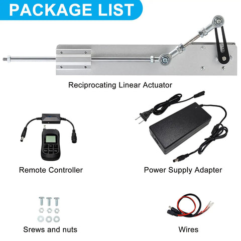 Heavy Duty Reciprocating Linear Actuator With Precision Timing And Variable Speed Controller package contents including remote and wires.
