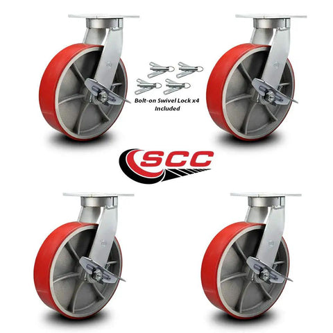 Tough As Nails 12 Inch Swivel Caster Set With Red Polyurethane Wheels On Cast Iron Cores featuring bolt swivel locks.