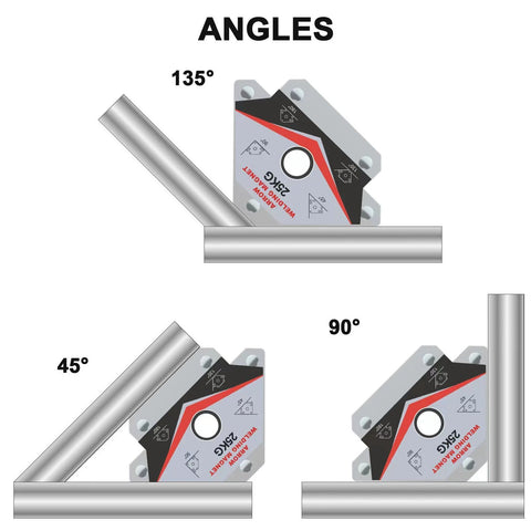 GUTIMORE welding magnets set, 6 pcs, 25lb & 55lb, shown holding metal at 135°, 90°, and 45° angles.