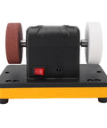 Tough As Nails 20V Cordless Mini Bench Grinder with 3 Inch dual grinding wheels from the front view on a yellow base.