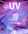 UV cleaning concept with mask, bubbles, and virus graphics in purple tones for enhanced hygiene.