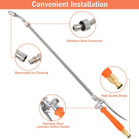Heavy Duty 44 Inch Sprayer Wand For One Half Inch Hose Quick Connectors Stainless Steel With Built In Shutoff Valve Brass Barb Tips