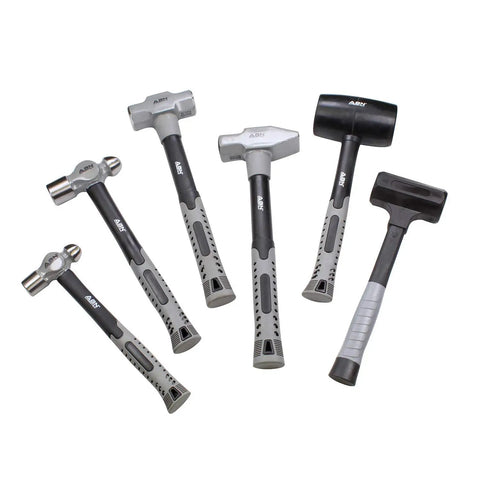 Six Piece Hammer Set For Metalworking: Forging, Pein, And Sledge Hammers with black and gray fiberglass handles.