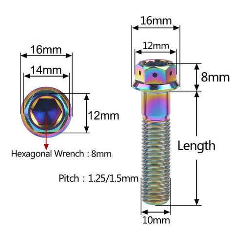 Top Notch Titanium M10 Flange Hex Screws, super heavy duty serrated lock tightening fasteners showing dimensions and hexagonal details.